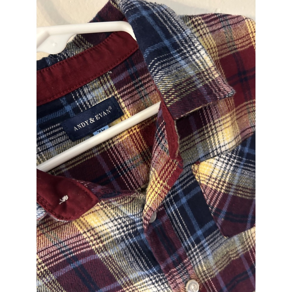 Andy & Evan Boys Plaid Flannel Button Down Shirt Burgundy Navy Yellow Size 7Y